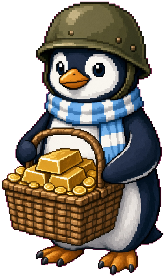 Cinco pingüinos con canastas de oro