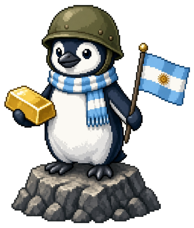 Pingüino con casco M1, bufanda celeste y un lingote de oro